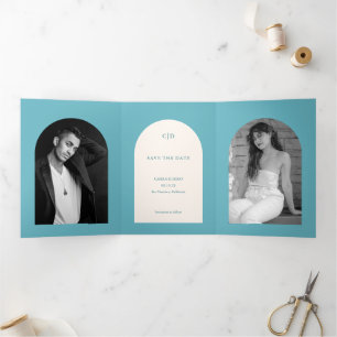 Simple Turquoise Arch Modern Wedding Save the Date Tri-Fold Announcement
