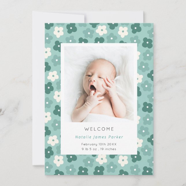 Simple Turquoise Floral Watercolor Birth Announcement (Front)
