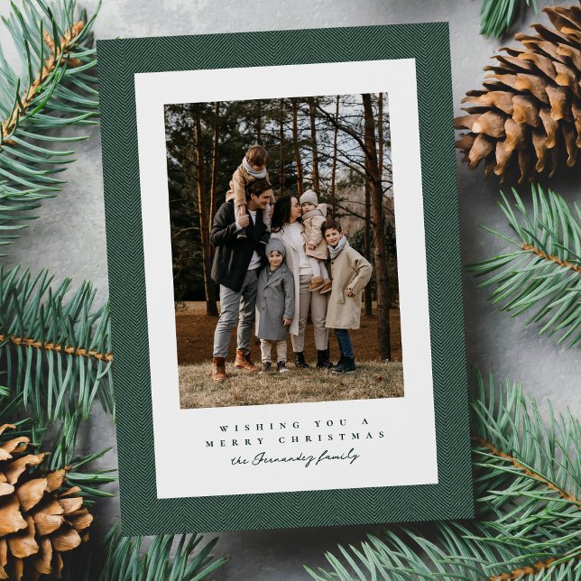 Simple tweed frame dark green photo Christmas Holiday Card (Creator Uploaded)
