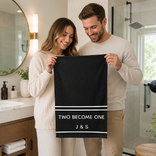 Simple Two Become One Black and White Monogram  Bath Towel Set