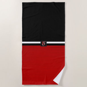 Simple Two Tone Black and Red Initials Monogram Beach Towel