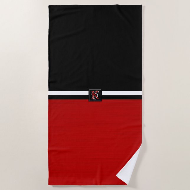Simple Two Tone Black and Red Initials Monogram Beach Towel (Front)
