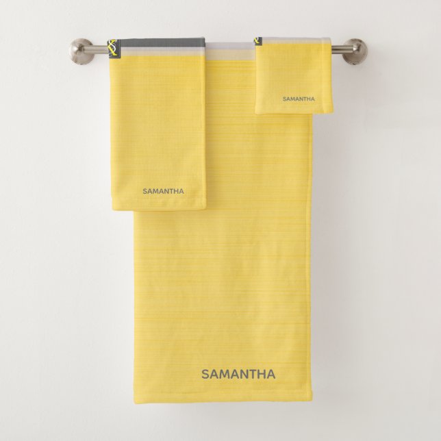Simple Two Tone Yellow and Grey Initials Monogram Bath Towel Set (Insitu)
