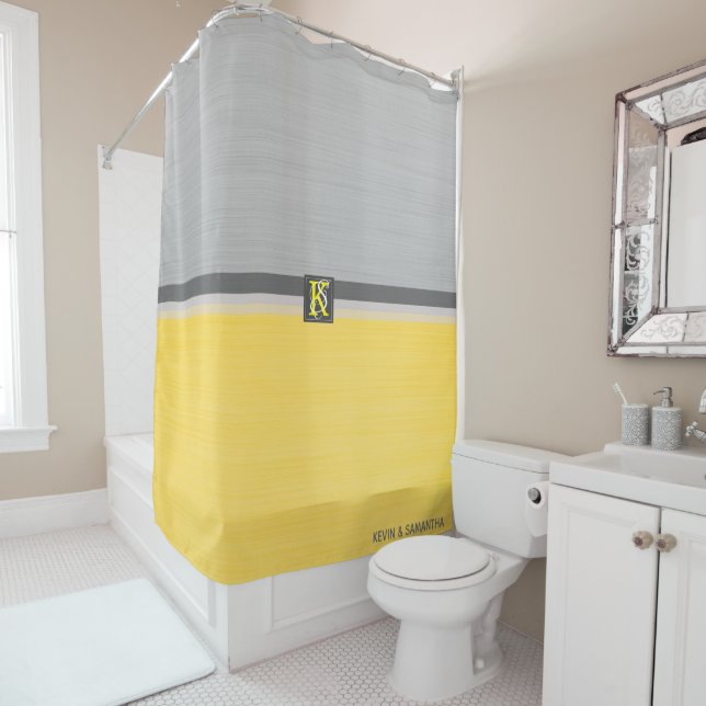 Simple Two Tone Yellow and Grey Initials Monogram Shower Curtain (In Situ)