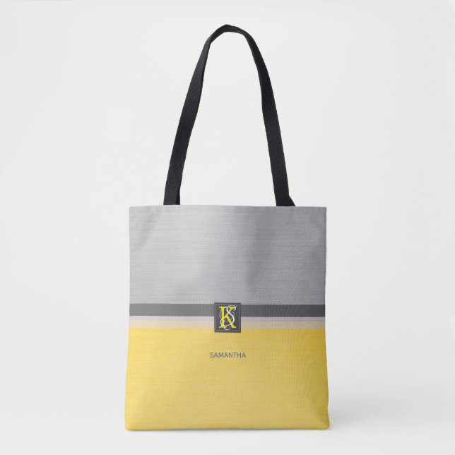 Simple Two Tone Yellow and Grey Initials Monogram Tote Bag (Front)