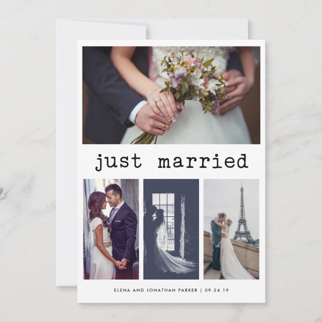 Simple Typewriter Text Just Married | 4 Photo Announcement (Front)