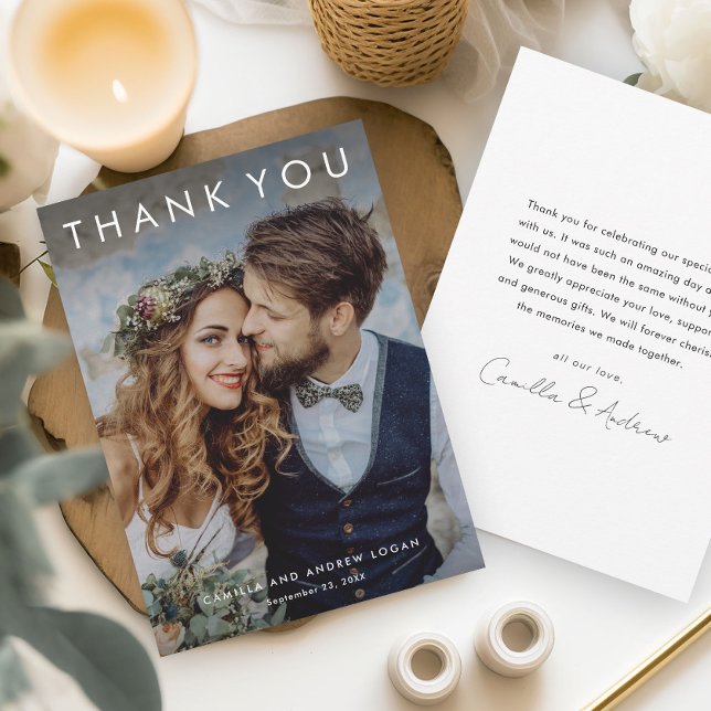 Simple Typographic Modern Photo Wedding  Thank You Card (A simple, elegant wedding thank you card with modern photo overlay typography.)