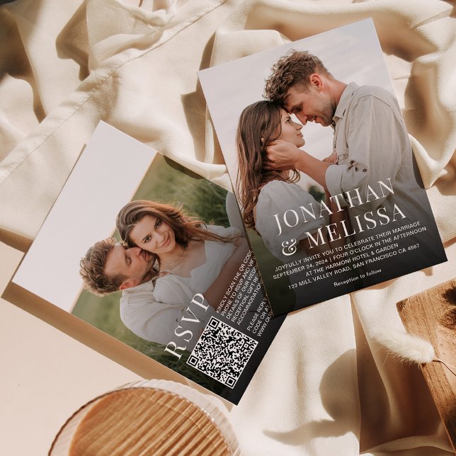 Simple Typography 2 Photo QR Code RSVP Wedding Invitation (Creator Uploaded)