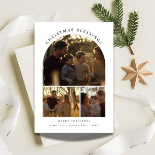 Simple Typography Arch 3 Photo Christmas Blessings Holiday Card
