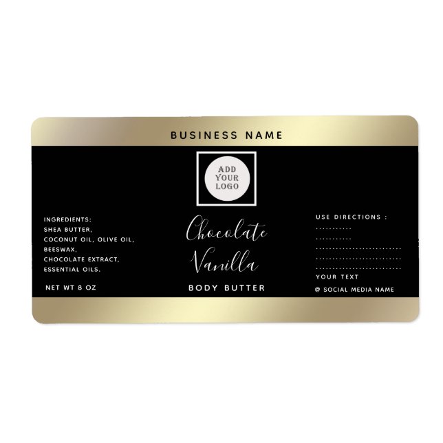 Simple typography black gold cosmetics logo label (Front)