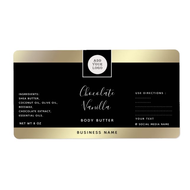 Simple typography black gold cosmetics logo label (Front)