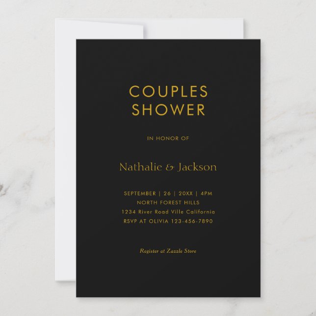Simple Typography Black Gold Couple Shower Bridal Invitation (Front)