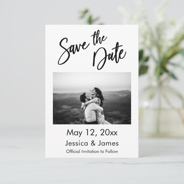 Simple Typography Black & White with Photo Save The Date (Standing Front)