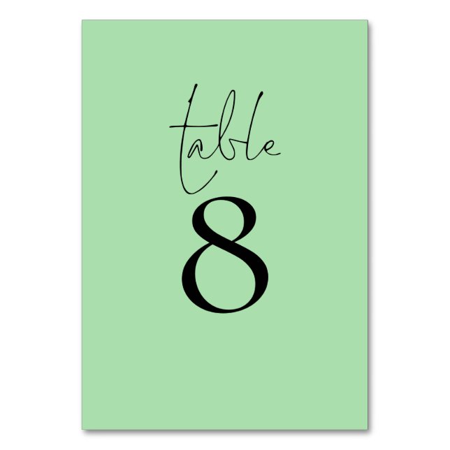 Simple Typography Celadon Green Script Wedding Table Number (Front)