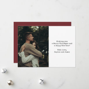 Simple Typography Couple Photo Red Christmas Holiday Card