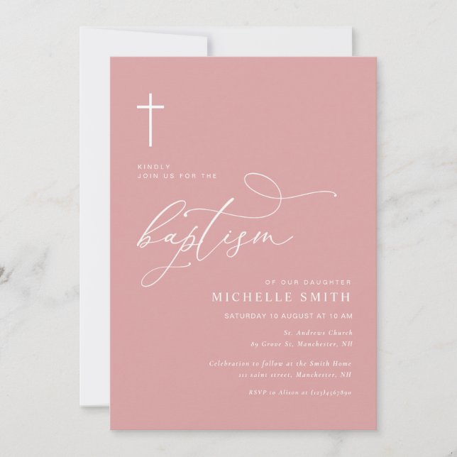 simple typography dusty rose baptism invitation (Front)