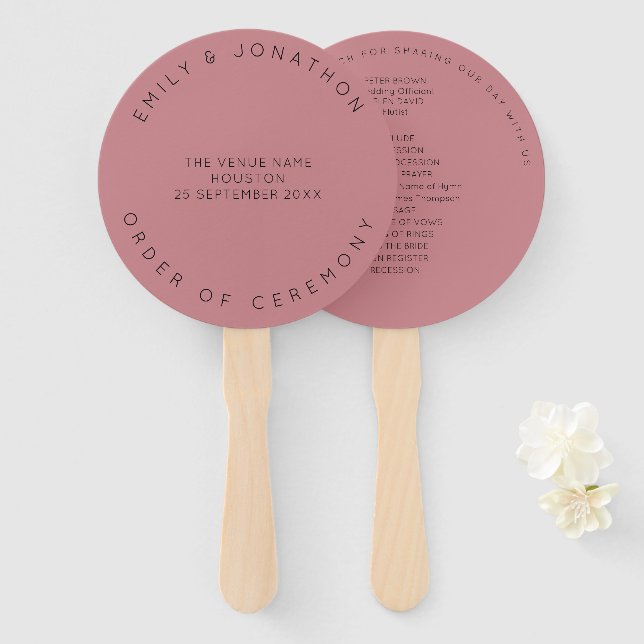 Simple Typography Dusty Rose Wedding Program Hand Fan (Front and Back)