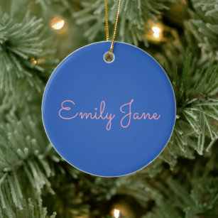 Simple Typography in Pink and Blue Personalised Ceramic Tree Decoration
