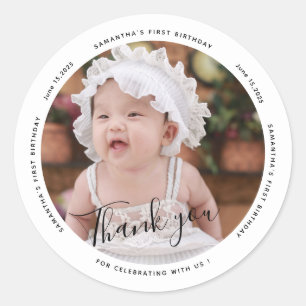 Simple Typography Photo First Birthday Thankyou Classic Round Sticker