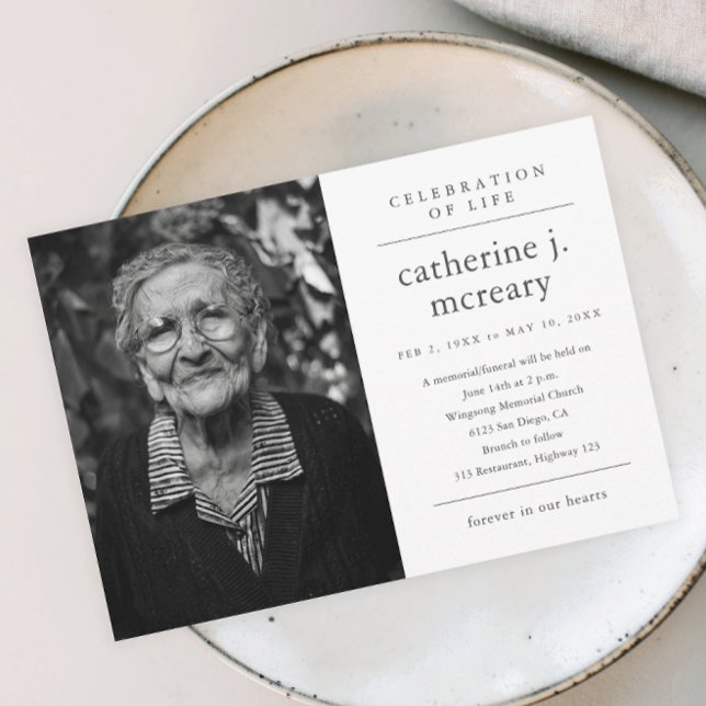 Simple Typography Photo Memorial Funeral Invitation (Simple typography photo memorial celebration of life invitation.)