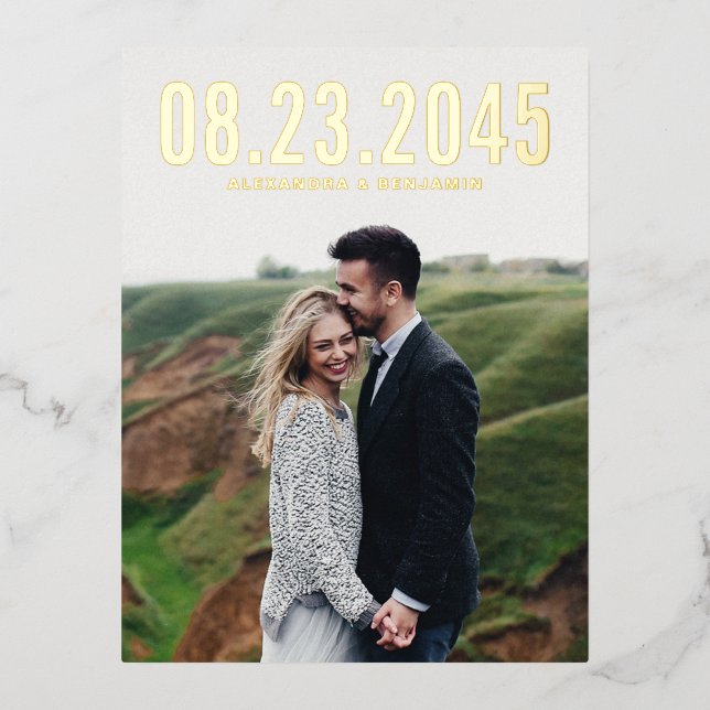Simple Typography Photo Save the Date Foil Invitation Postcard (Front)