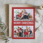 Simple Typography Red Merry Christmas Three Photo Holiday Card<br><div class="desc">Send Christmas greetings to family and friends with this customisable holiday photo card. It features simple typography and snow pattern. The texts are fully customisable for any greetings. You can change the pattern to another photo or upload a white background if you want it blank.</div>