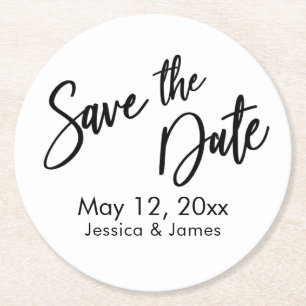 Simple Typography Save the Date Black & White Round Paper Coaster
