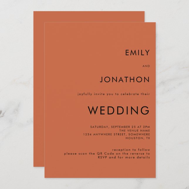 Simple Typography Terracotta QR Code Wedding Invitation (Front/Back)