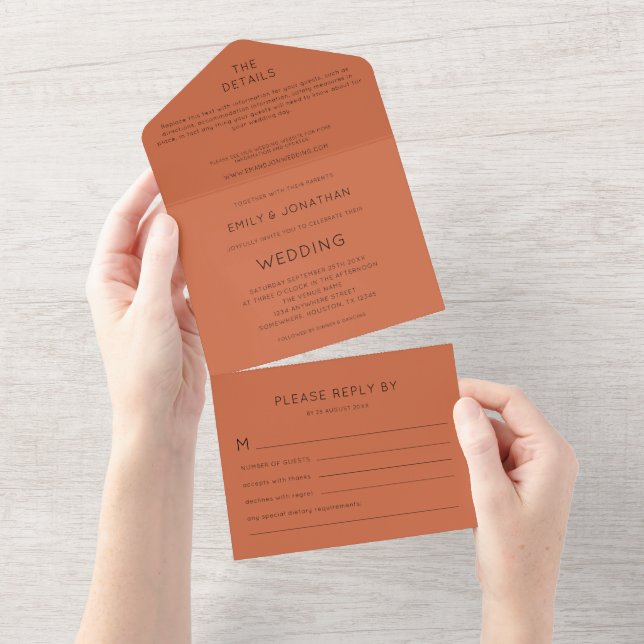 Simple Typography Terracotta Wedding All In One Invitation (Tearaway)