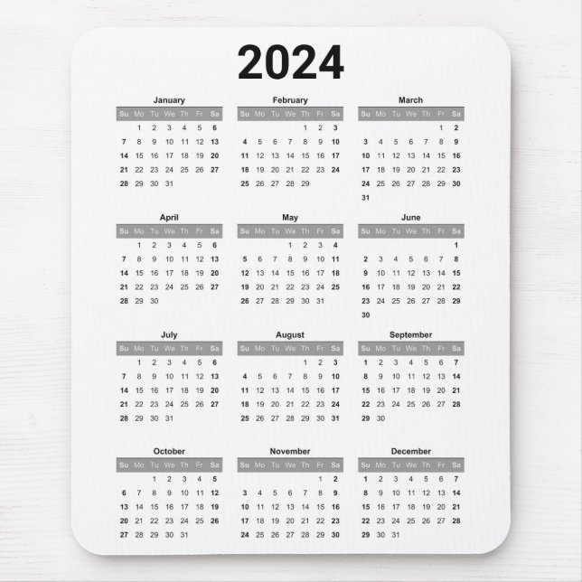 Simple US Black & White 2024 Yearly Calendar Mouse Pad (Front)