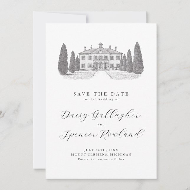Simple Venue Illustration Elegant Wedding  Save The Date (Front)
