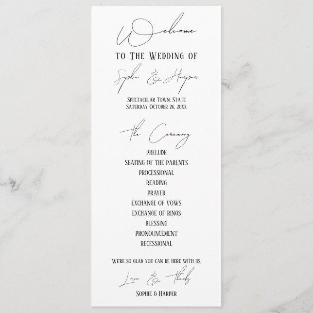 Simple, Versatile, Elegant Slim Script Wedding Programme (Front)