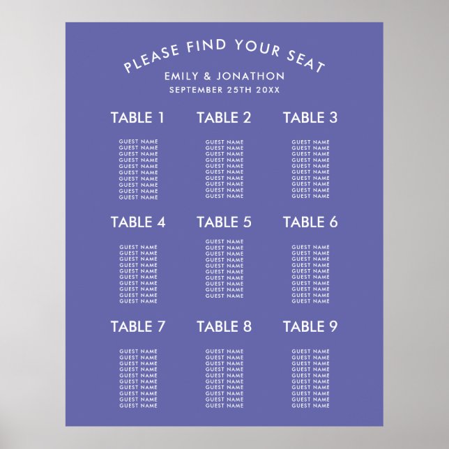 Simple Very Peri Blue Wedding Seating Chart (Front)
