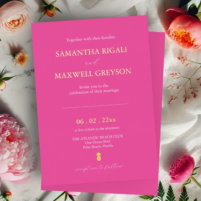 Simple Vibrant Fuchsia Pink Beach Wedding (Bold wedding invitations vibrant fuchsia pink with gold foil by Do Tell A Belle)