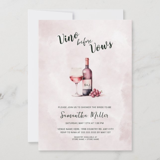 Simple Vino before Vows Red Wine Bridal Shower Invitation (Front)