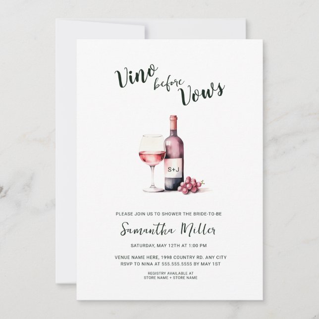 Simple Vino before Vows Red Wine Bridal Shower Invitation (Front)