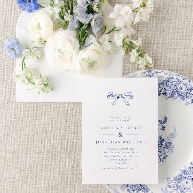 Simple Vintage Bow Blue Wedding Invitation (Creator Uploaded)