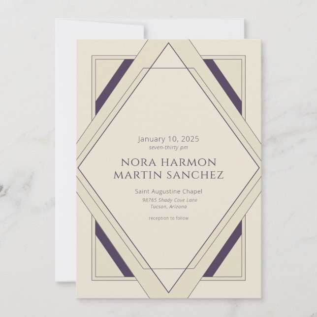 Simple Vintage Deco Deep Purple Ivory Invitation (Front)