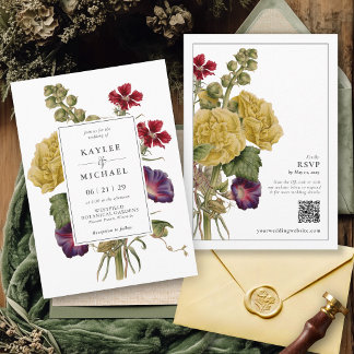 Simple Vintage Floral Botanical QR Code Wedding Invitation