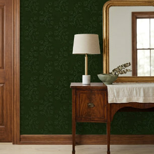 Simple Vintage Green Floral Pattern on Dark Green Wallpaper