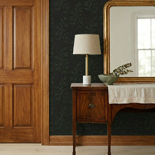 Simple Vintage Green Floral Pattern on Dark Grey Wallpaper