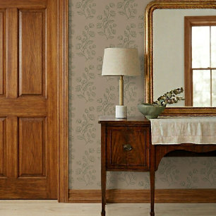 Simple Vintage Green Floral Pattern on Taupe Wallpaper