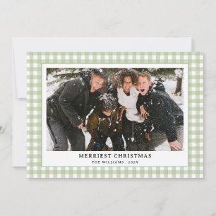 Simple Vintage Green Gingham Plaid Photo Christmas Holiday Card