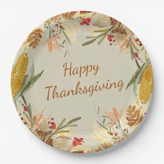 Simple Vintage Modern Farmhouse Happy Thanksgiving Paper Plate (Front)