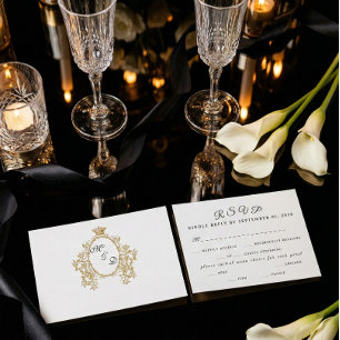 Simple Vintage Monogram Faux Gold Wedding RSVP Card