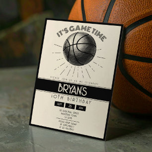 Simple Vintage Retro Black Basketball Birthday Invitation