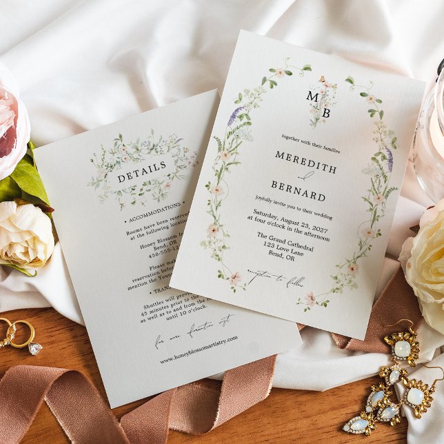 Simple Vintage Rustic Wedding Monogram Details Invitation (Creator Uploaded)