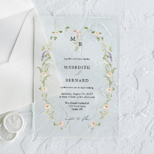 Simple Vintage Rustic Wildflower Monogram Wedding Acrylic Invitations
