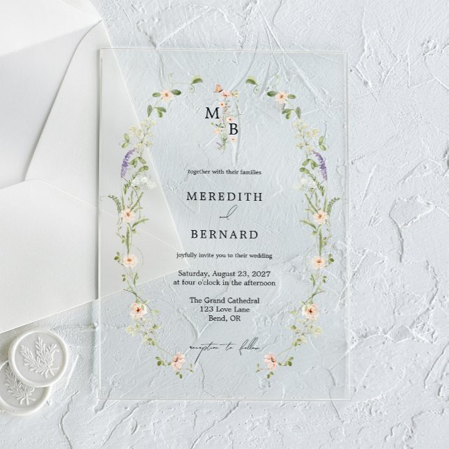 Simple Vintage Rustic Wildflower Monogram Wedding Acrylic Invitations (Creator Uploaded)