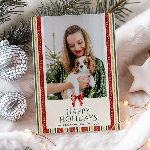 Simple Vintage Stripes Bow Happy Holidays 1 Photo Holiday Card